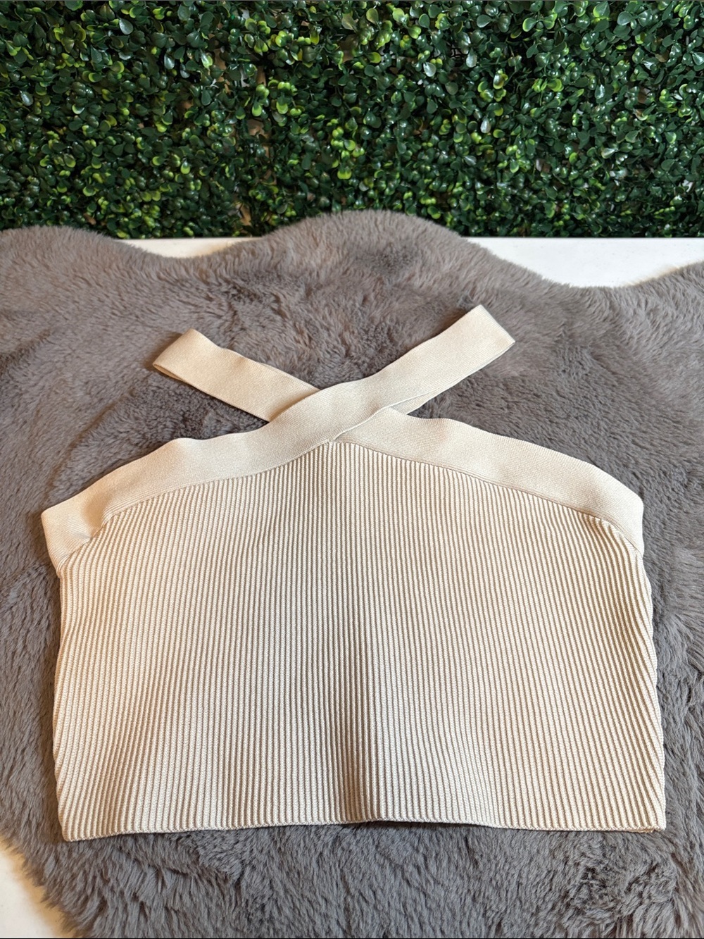 Babaton Cream Ribbed Cross-Strap Tank Top Size XL
